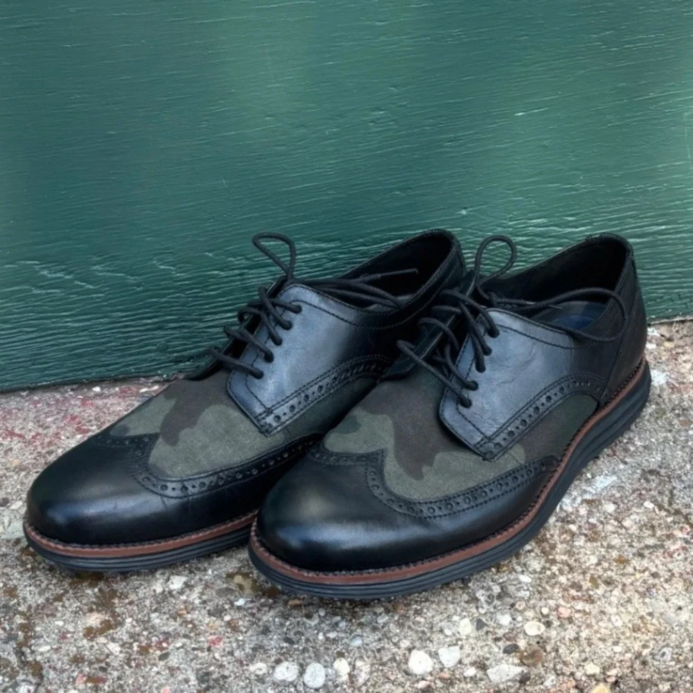 Cole Haan Grand.OS Mens Black Leather Camo Canvas Wingtip Oxford Shoes C23769 9